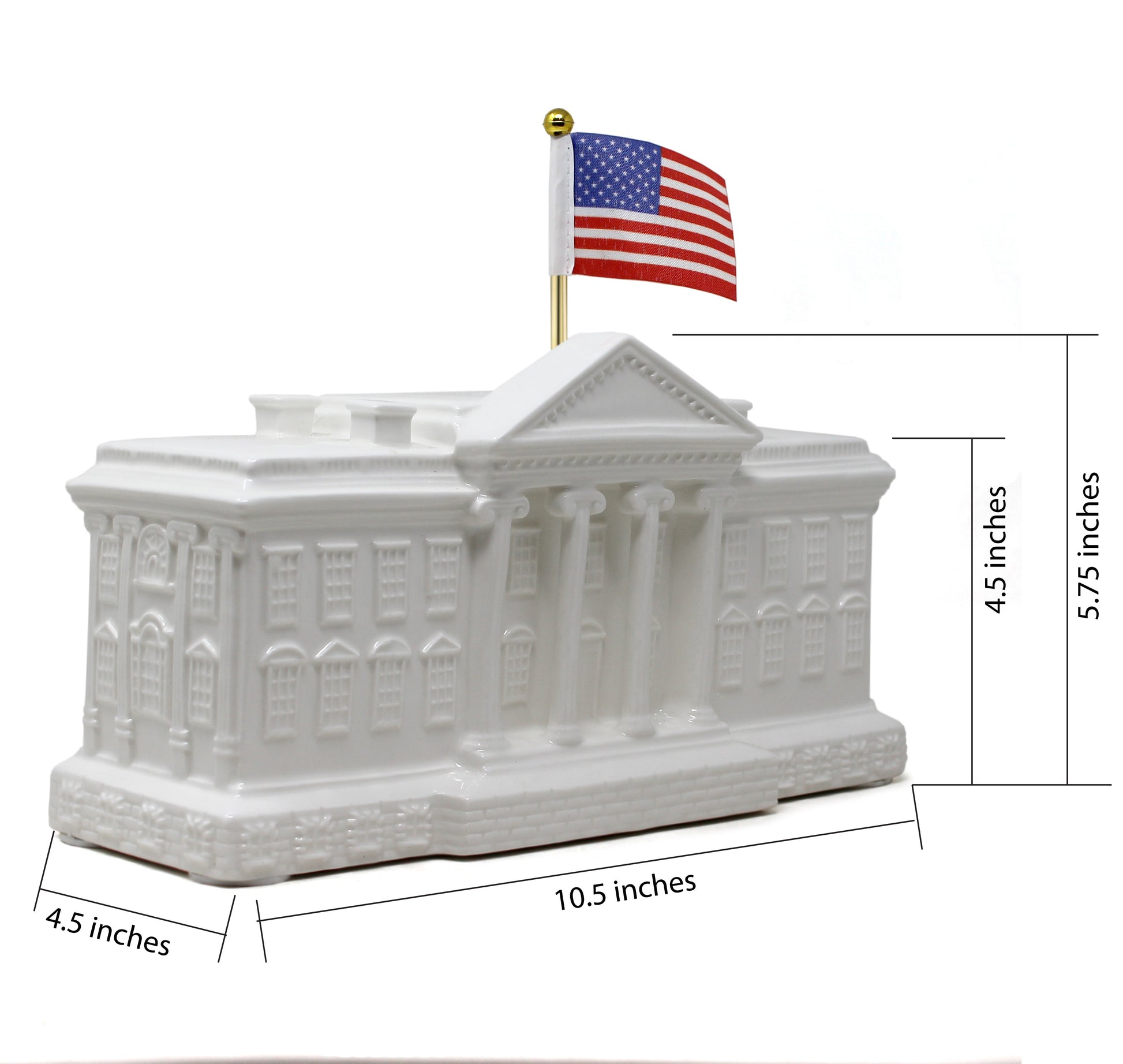Side angle view showing dimensions of porcelain White House bank with flag