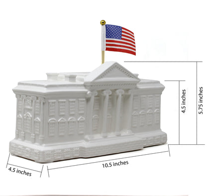 Side angle view showing dimensions of porcelain White House bank with flag