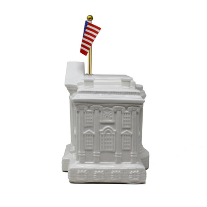 Left side close-up view of White House porcelain bank showing window details