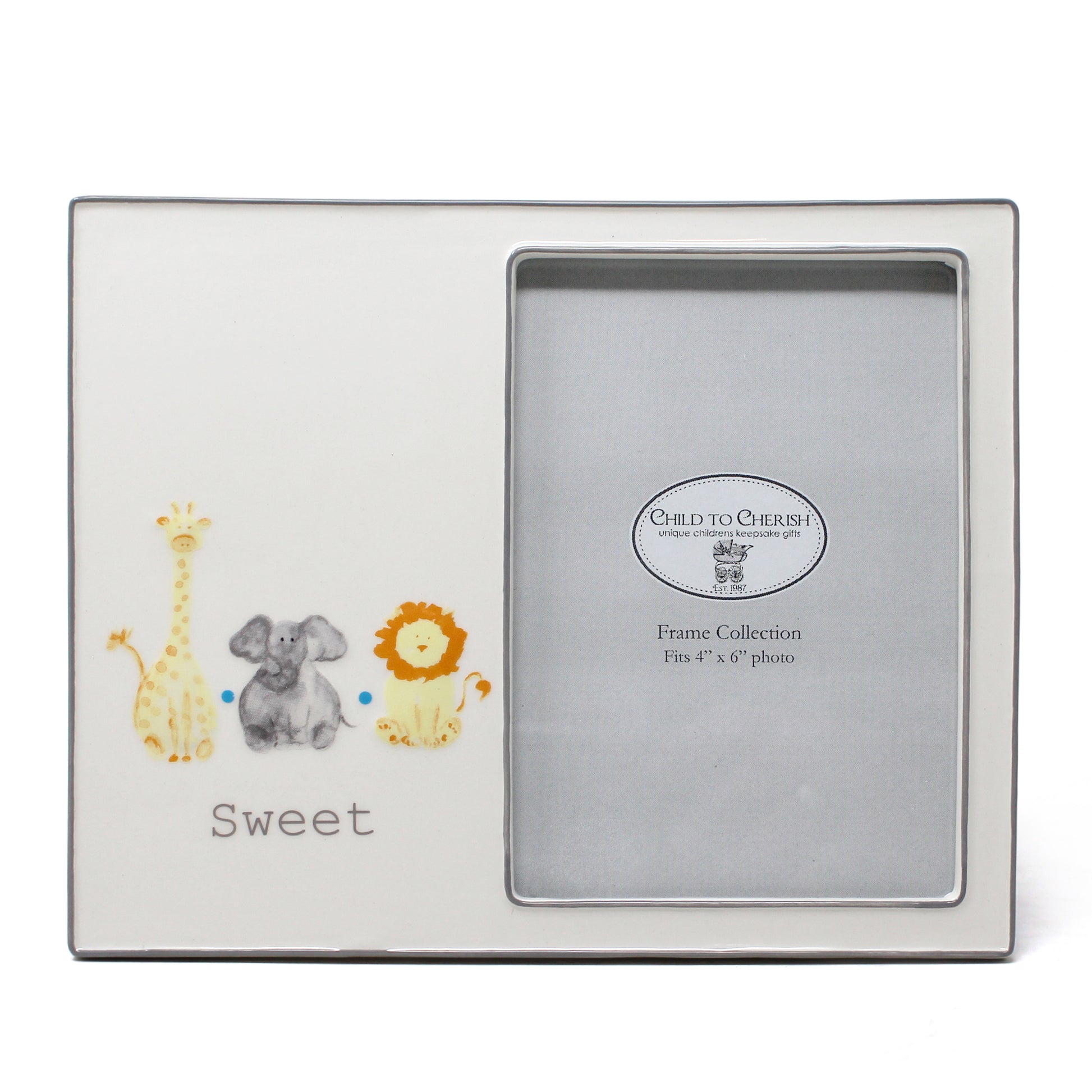 Sweet Safari picture frame with handpainted giraffe, elephant, and lion on white ceramic