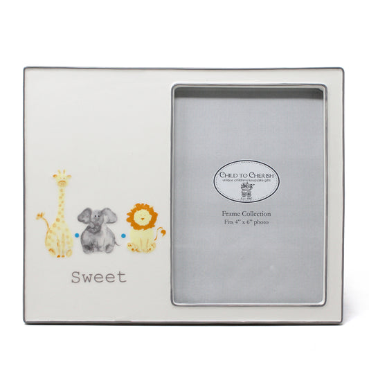Sweet Safari picture frame with handpainted giraffe, elephant, and lion on white ceramic