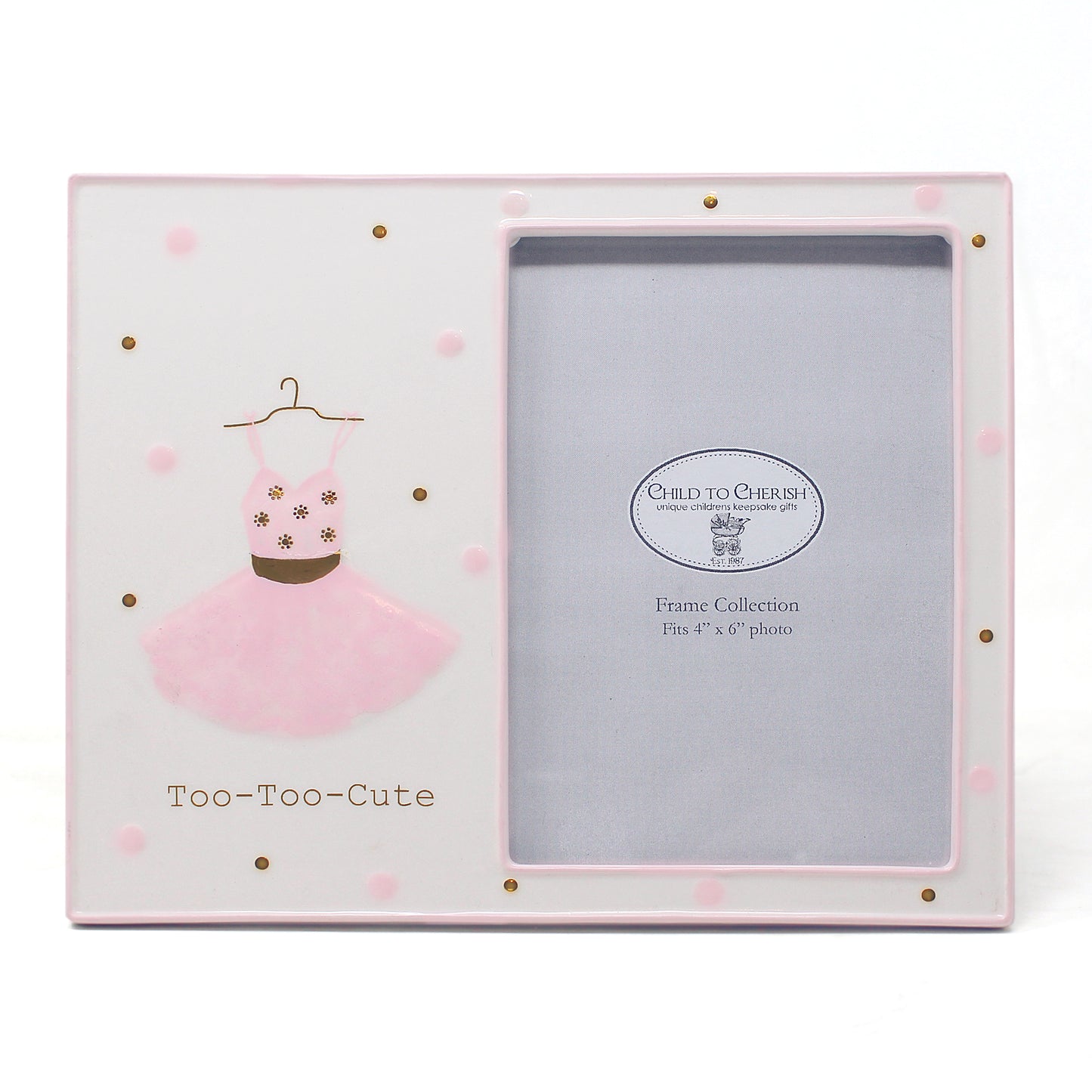 Ceramic picture frame with pink ballerina dress illustration and gold and pink polka dots holding a 4x6 photo