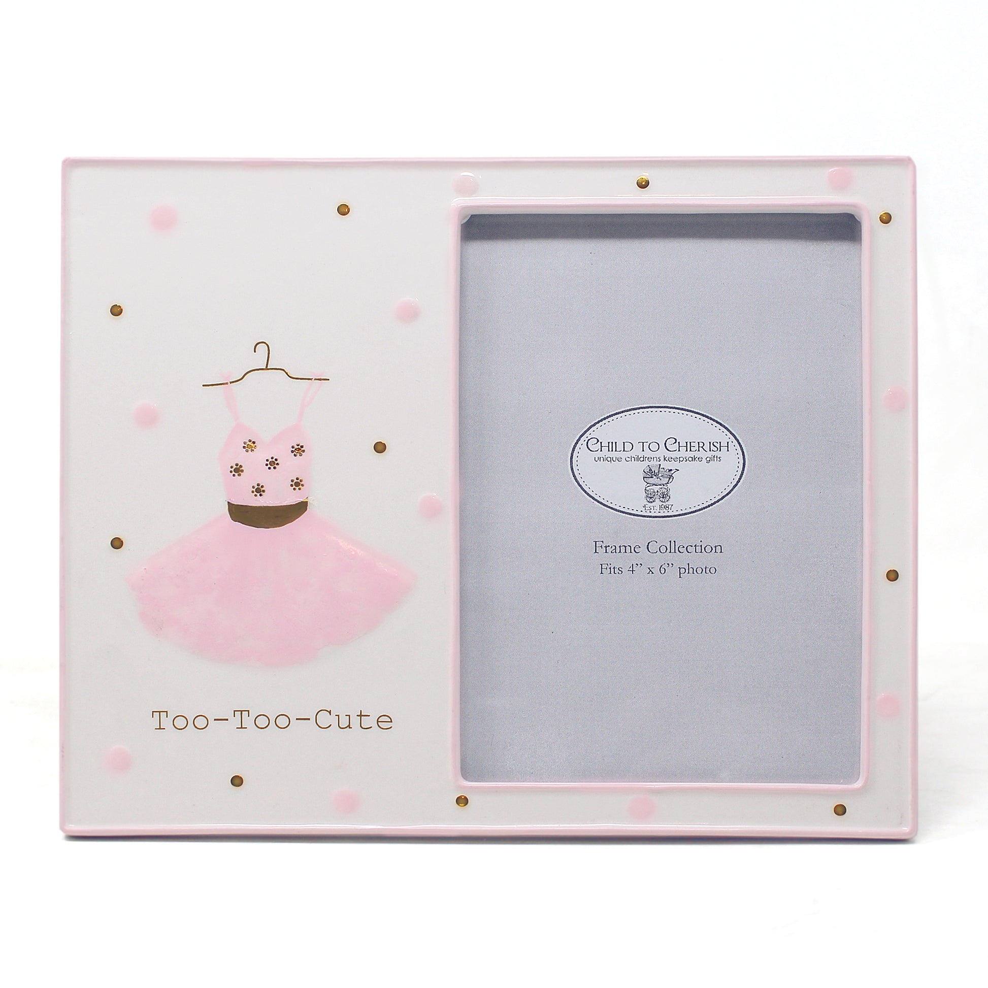 Ceramic picture frame with pink ballerina dress illustration and gold and pink polka dots holding a 4x6 photo