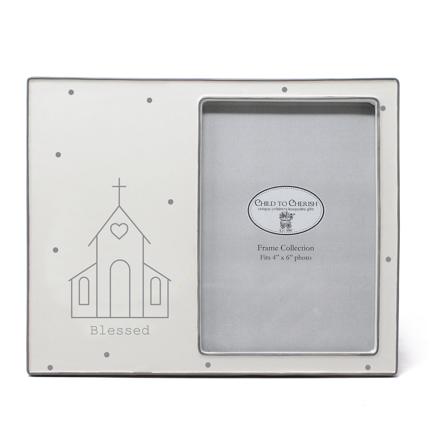 Ceramic baby picture frame with blessed church illustration and polka dots, holds 4x6 photo