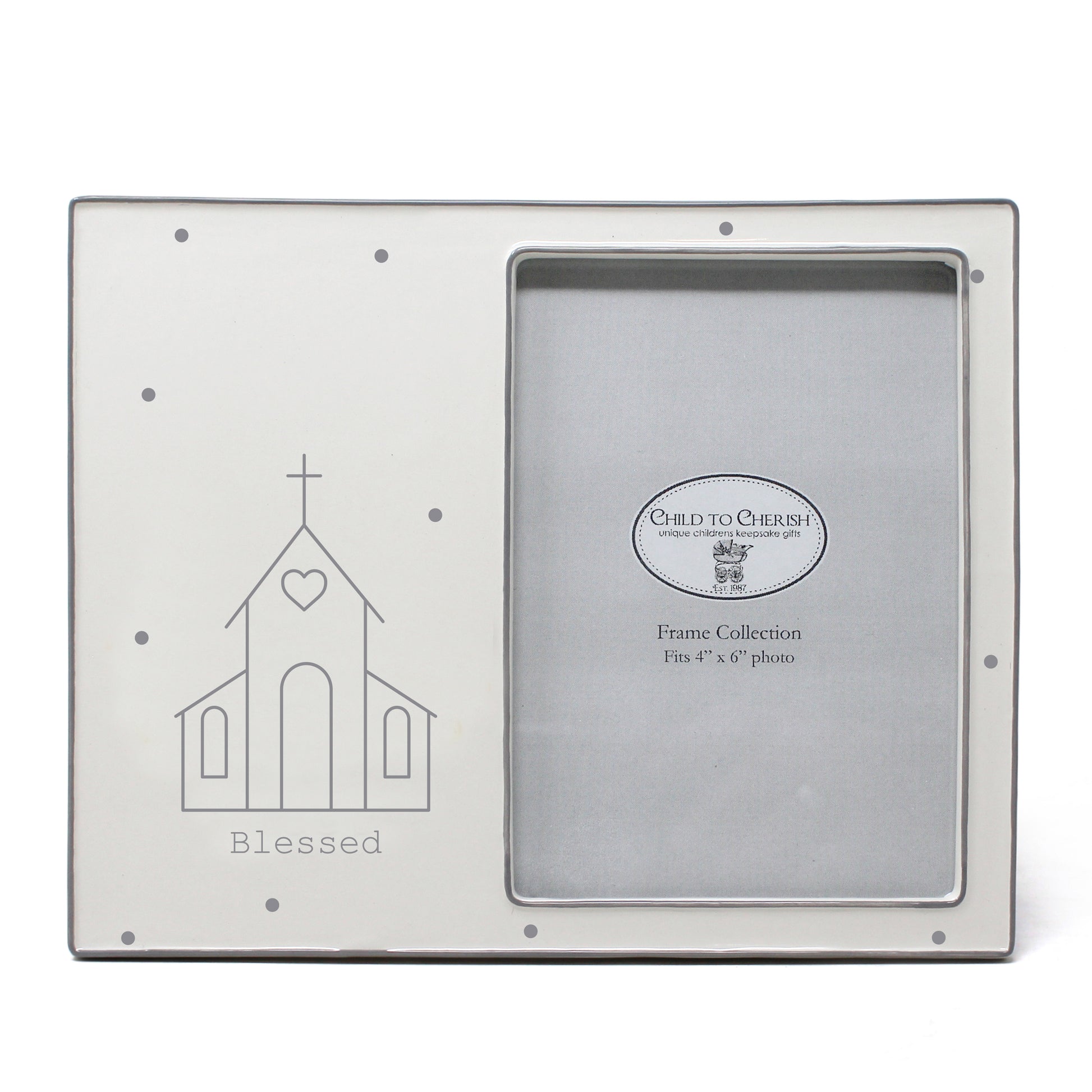 Ceramic baby picture frame with blessed church illustration and polka dots, holds 4x6 photo