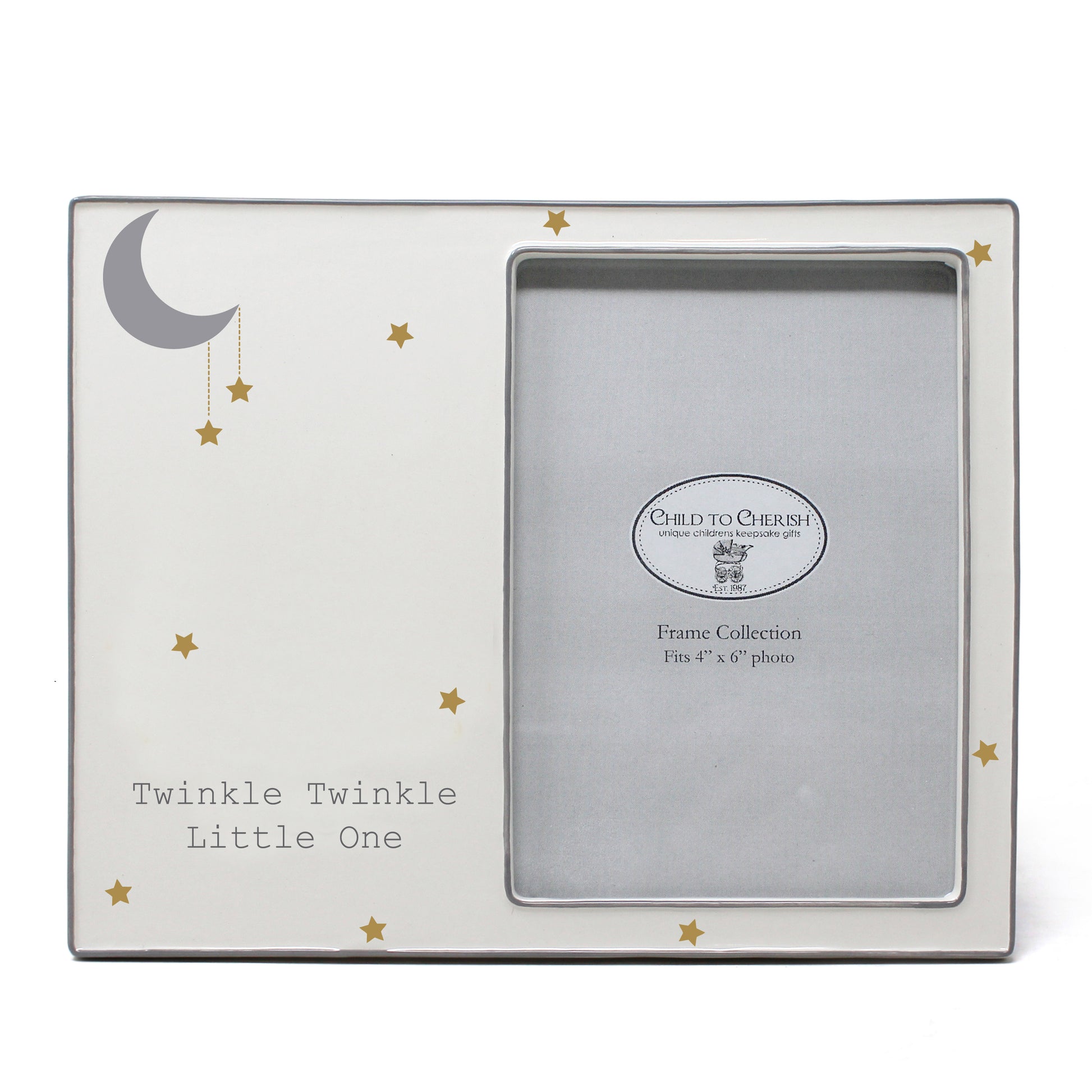 White ceramic picture frame with silver crescent moon, gold stars, and text 'Twinkle Twinkle Little One'
