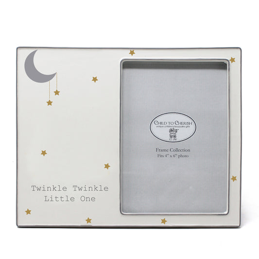 White ceramic picture frame with silver crescent moon, gold stars, and text 'Twinkle Twinkle Little One'