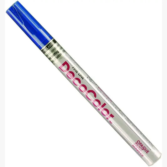 Blue DecoColor fine tip paint pen with opaque blue cap and clear barrel showing branding