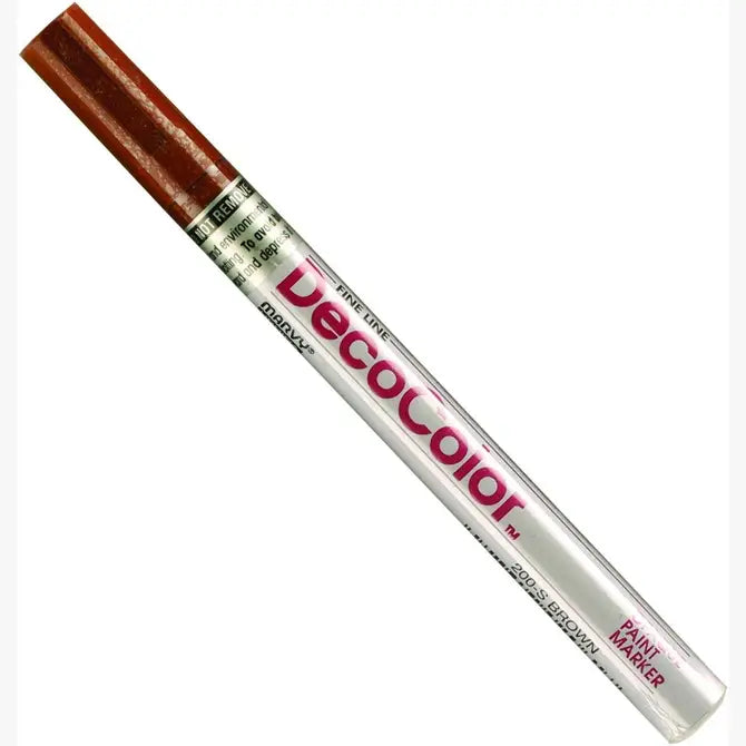 Brown fine tip DecoColor paint pen marker with a white barrel and brown cap