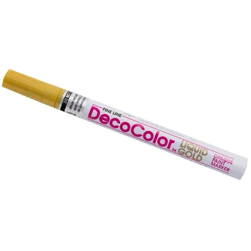 Gold fine tip DecoColor liquid paint marker pen with white barrel and gold cap