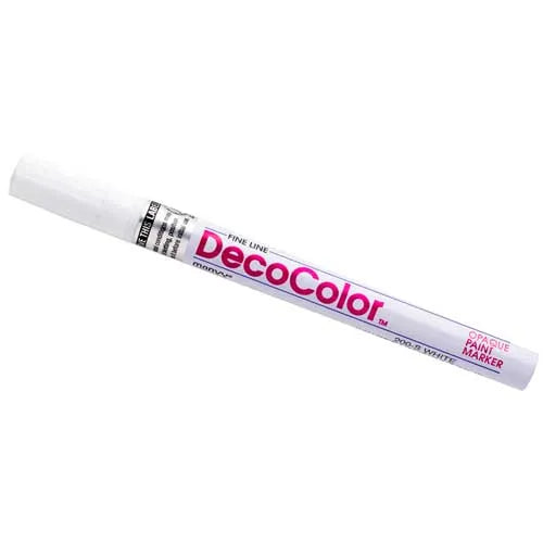 White DecoColor fine tip paint pen angled on white background