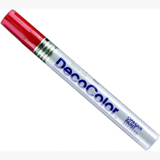 DecoColor broad tip opaque paint pen with red cap labeled Crimson Lake
