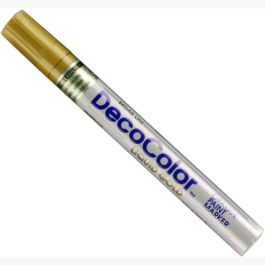 Gold DecoColor broad tip paint marker showing metallic gold cap and silver body with blue text