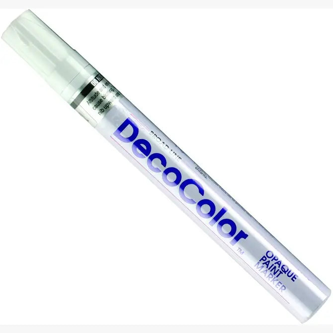 White broad tip Decocolor opaque paint marker with clear plastic cap