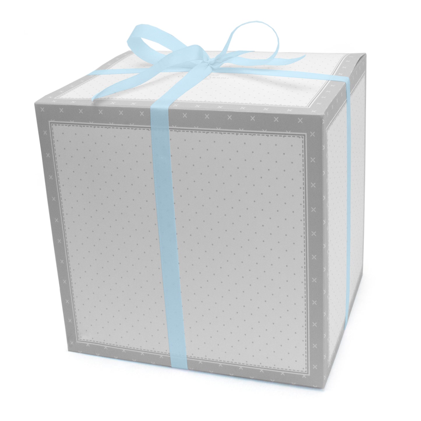 Collapsible gift box with grey and white dotted design tied with a blue ribbon