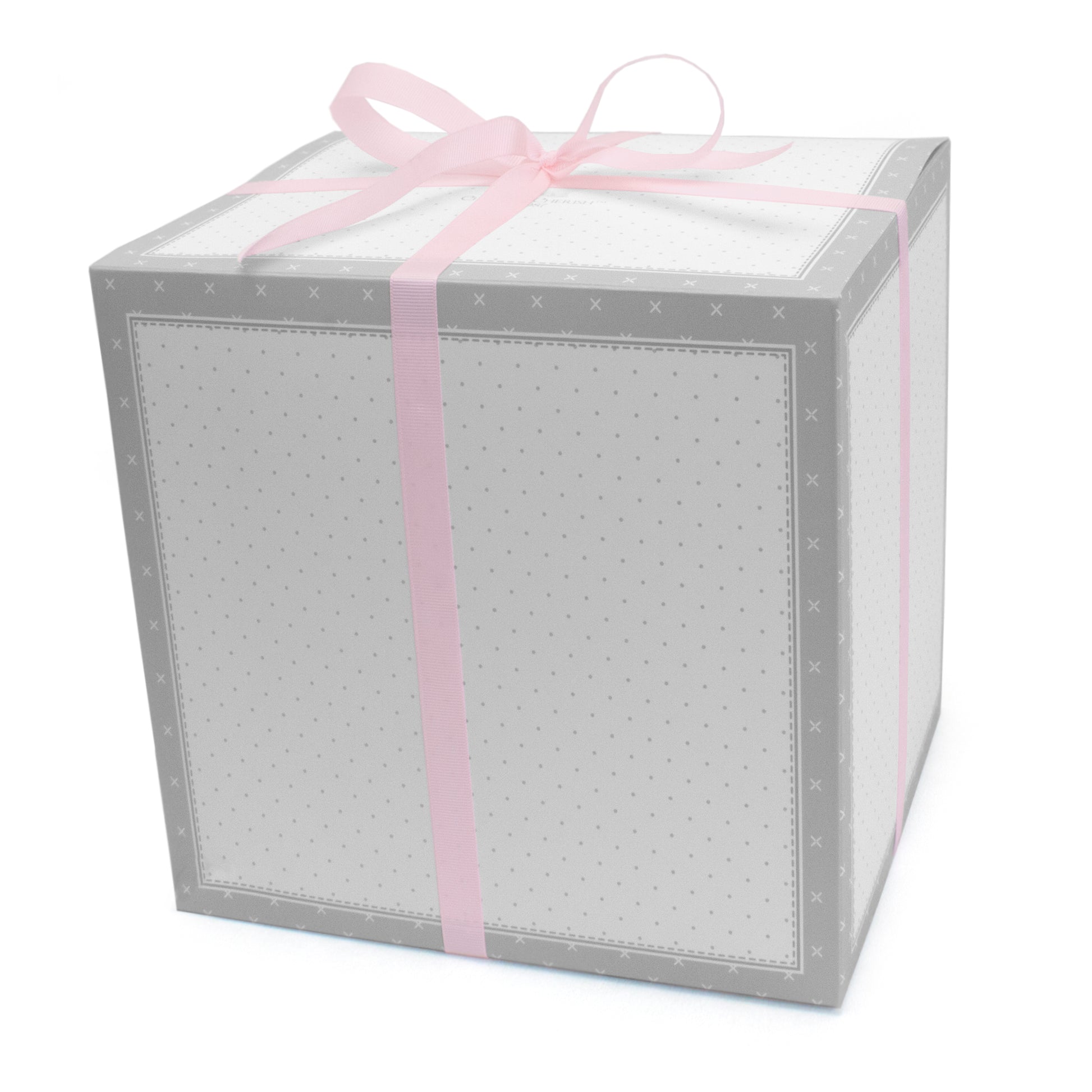 Collapsible gift box with grey and white dotted design tied with a pink ribbon