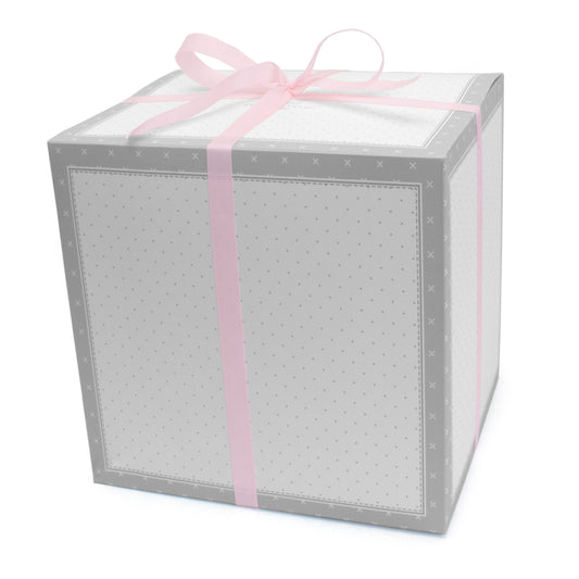Collapsible gift box with grey and white dotted design tied with a pink ribbon