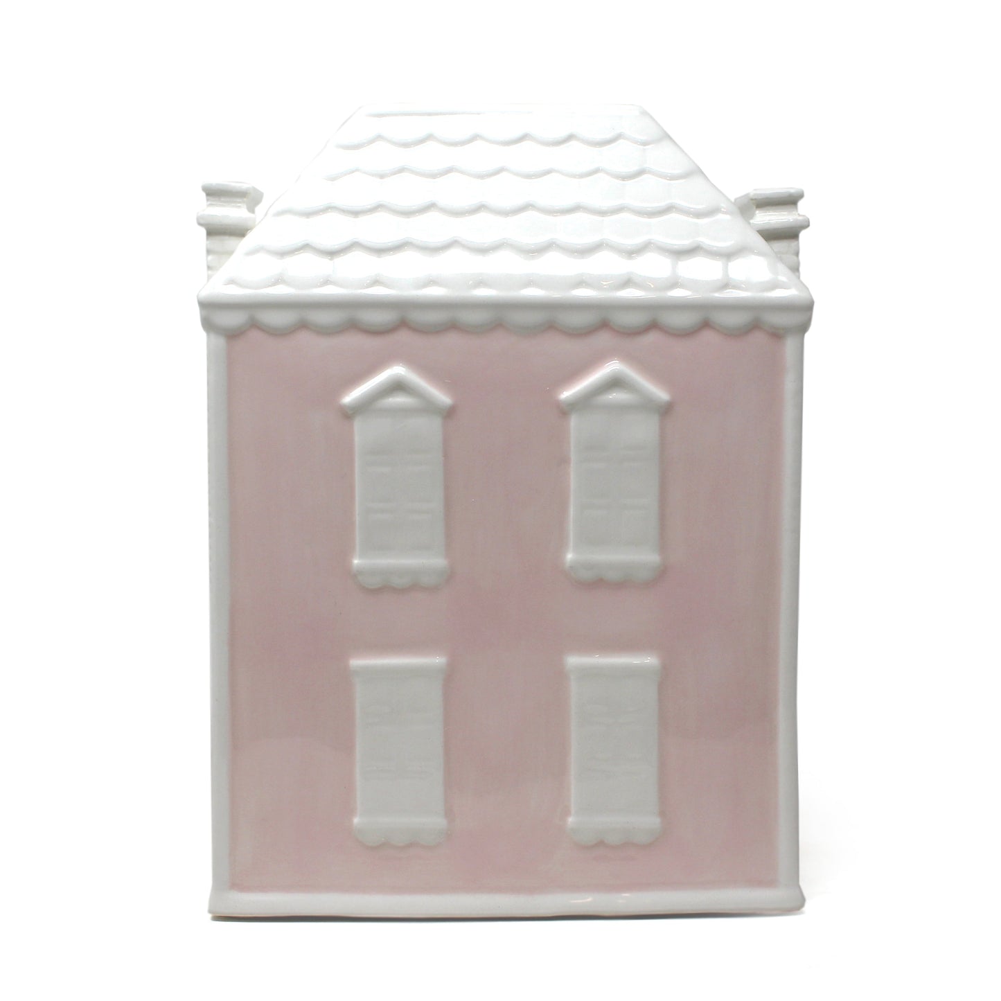 Front view of Dolly’s House pink ceramic piggy bank showing four white windows and door