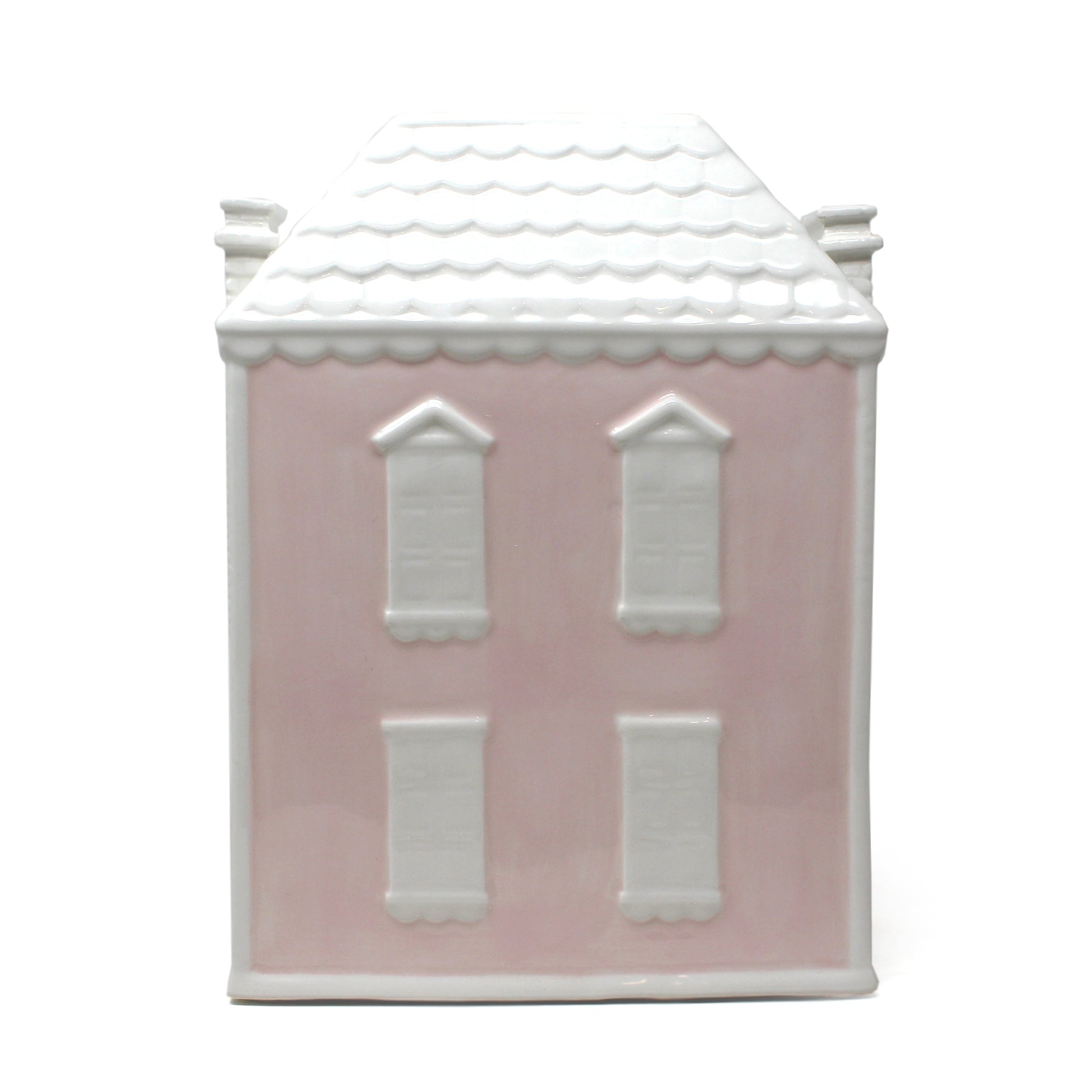 Front view of Dolly’s House pink ceramic piggy bank showing four white windows and door