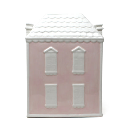 Front view of Dolly’s House pink ceramic piggy bank showing four white windows and door