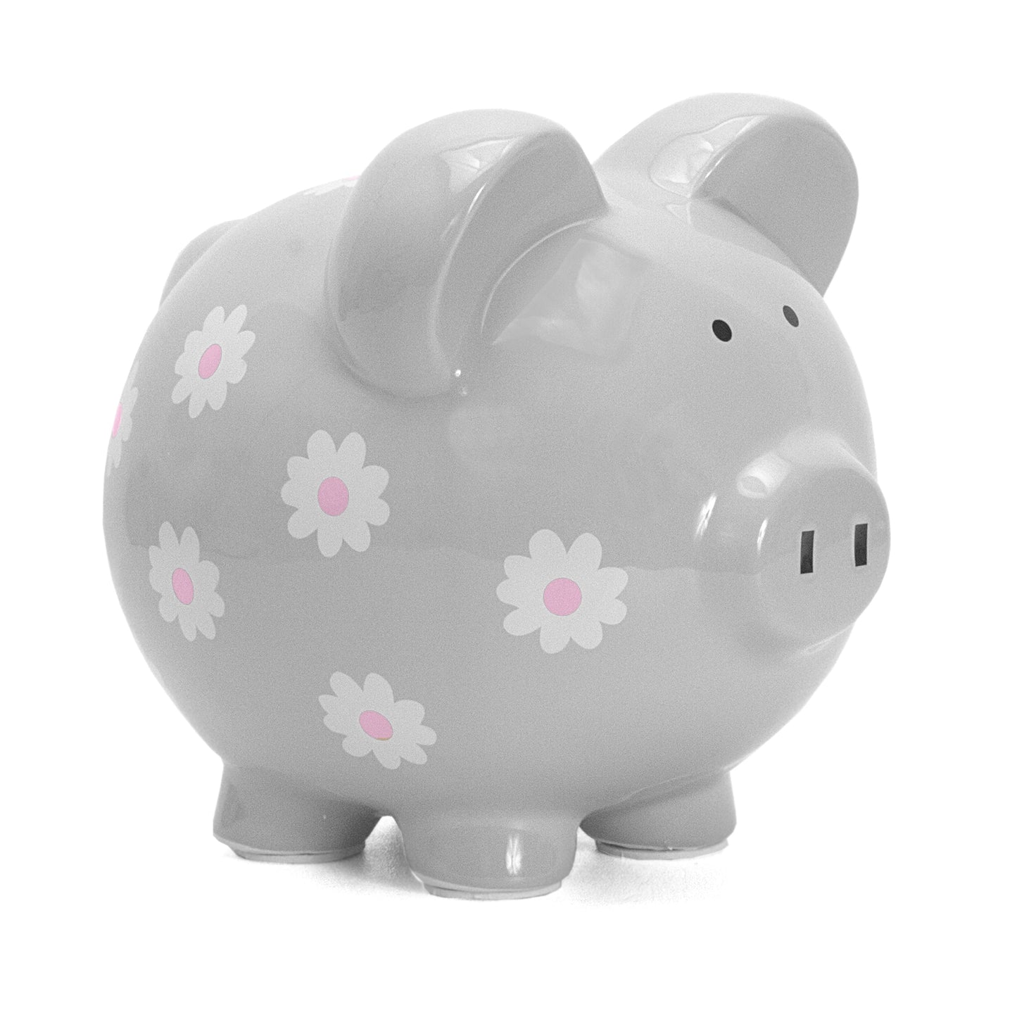 Gray ceramic piggy bank with white and pink handpainted daisy flowers