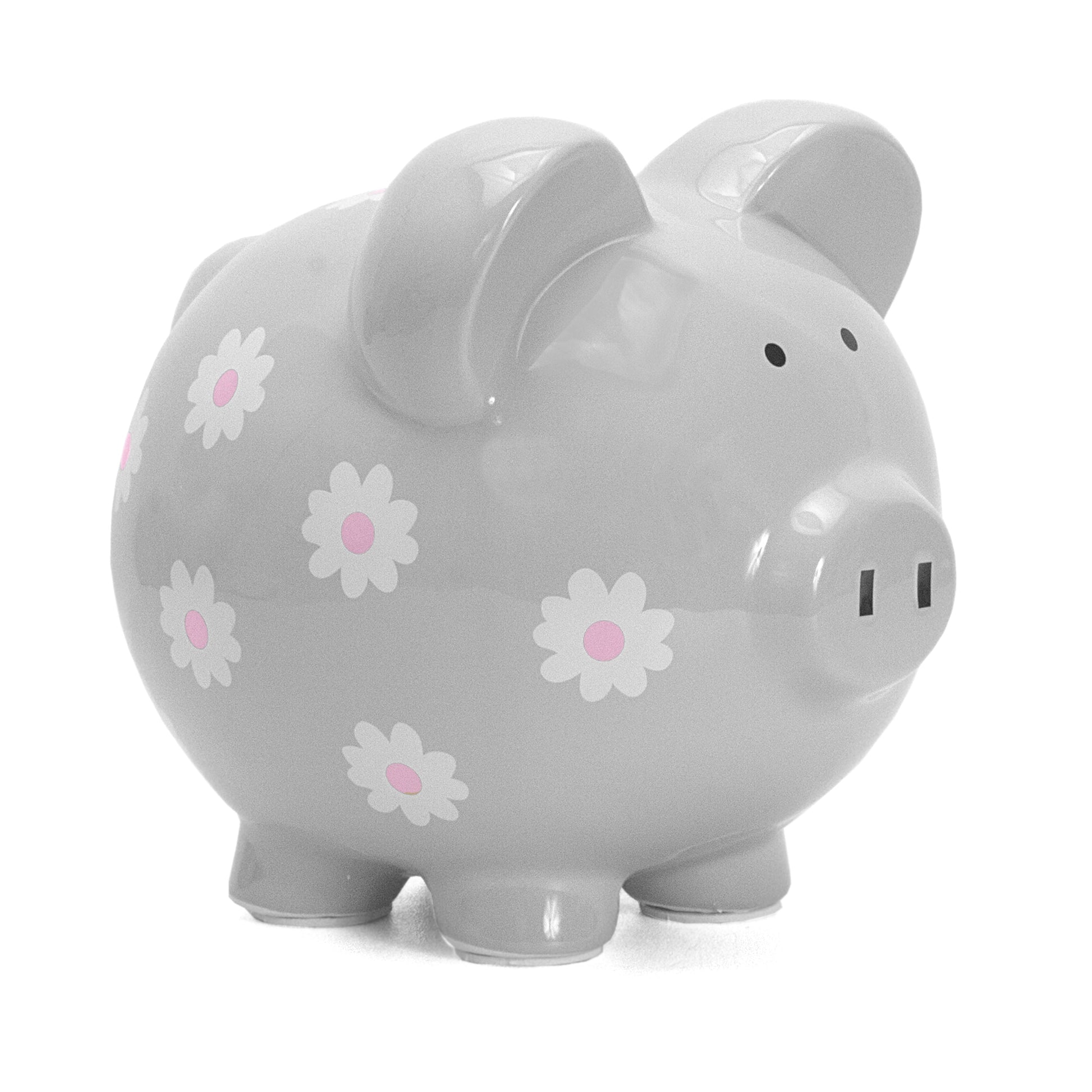 Gray ceramic piggy bank with white and pink handpainted daisy flowers