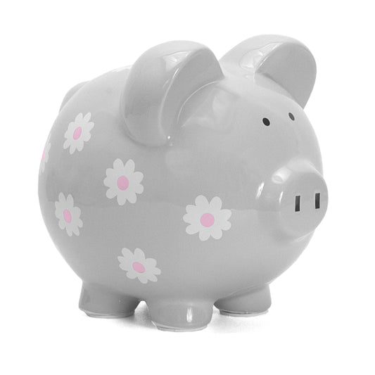 Gray ceramic piggy bank with white and pink handpainted daisy flowers