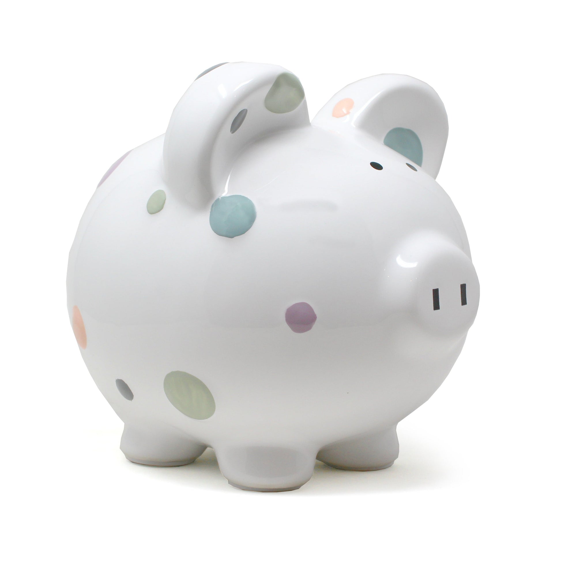 White ceramic piggy bank with pastel polka dots in blue, peach, green, purple, and gray