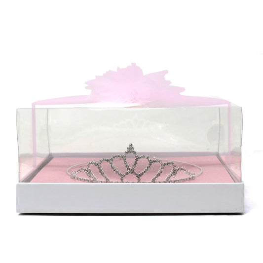 Beautiful silver rhinestone tiara displayed in clear box with pink base and pink decorative bow