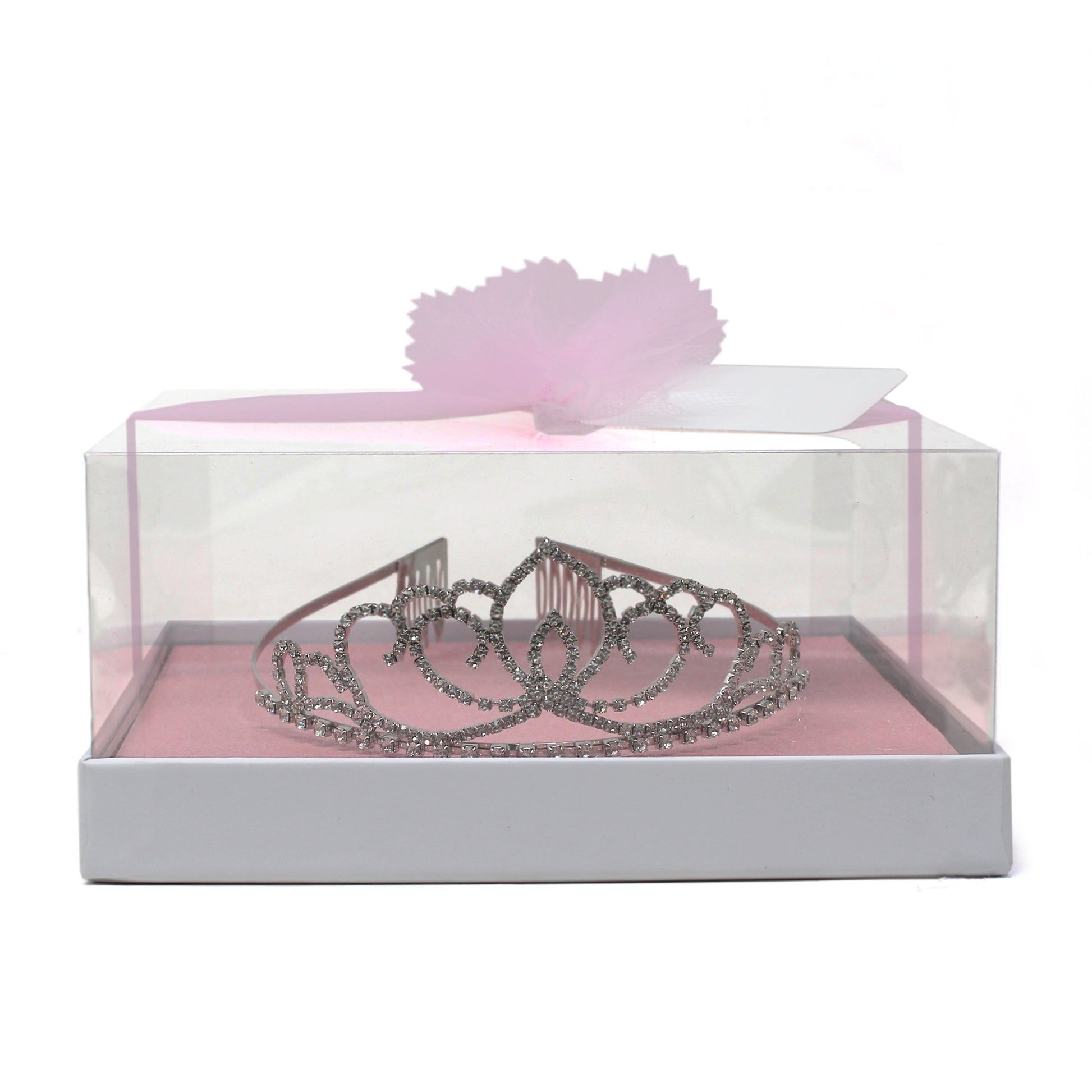 Silver rhinestone tiara displayed in clear gift box with pink base and bow