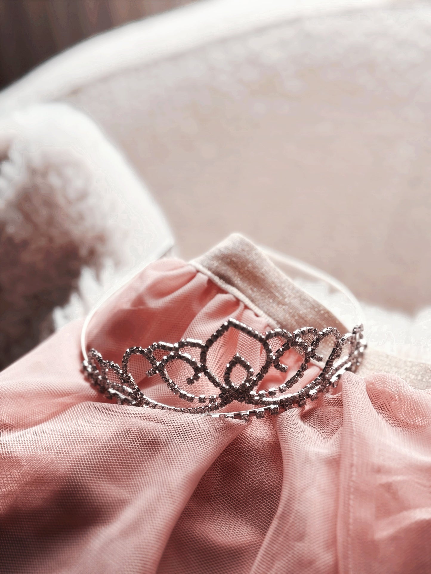 Close-up of silver rhinestone tiara resting on pink tulle fabric