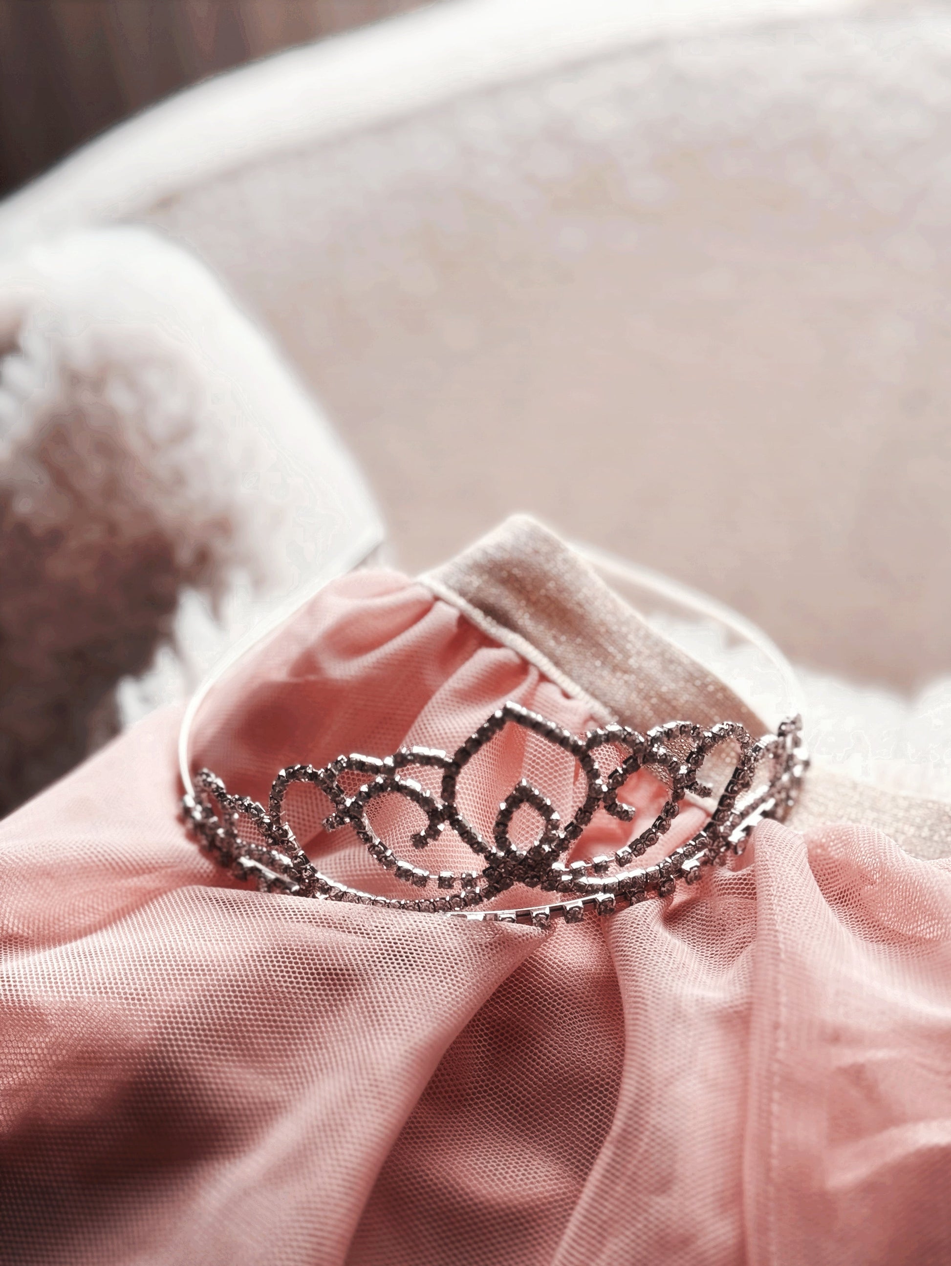 Close-up of silver rhinestone tiara resting on pink tulle fabric
