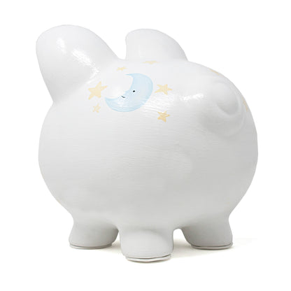 Other side view showing moon and stars painted on ceramic piggy bank