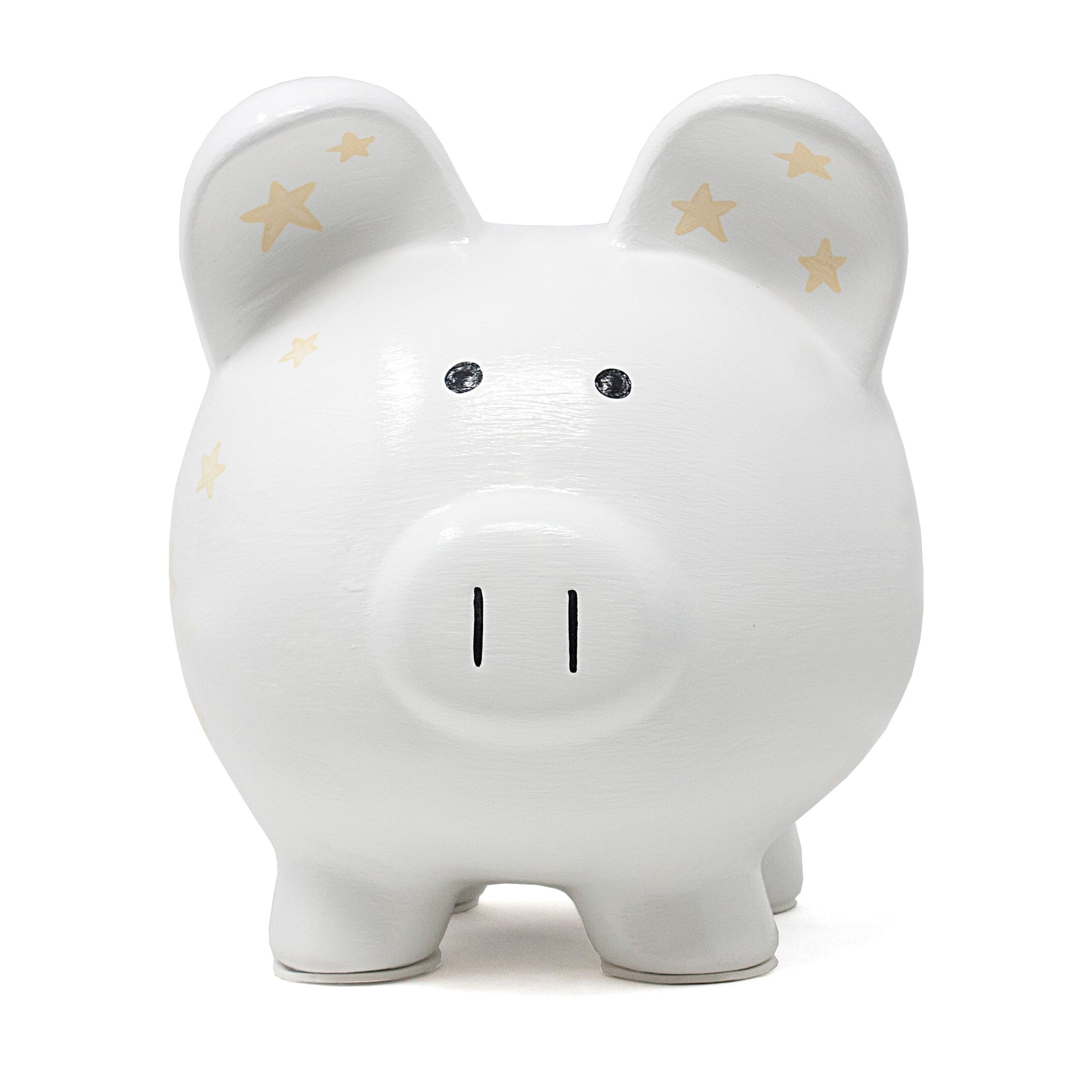 Front view of white piggy bank with simple black eyes and nostrils, stars on ears