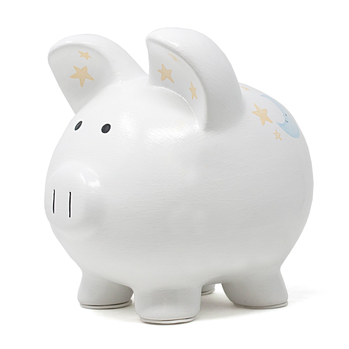 Side view of piggy bank featuring animal characters and brown woven basket of hot air balloon