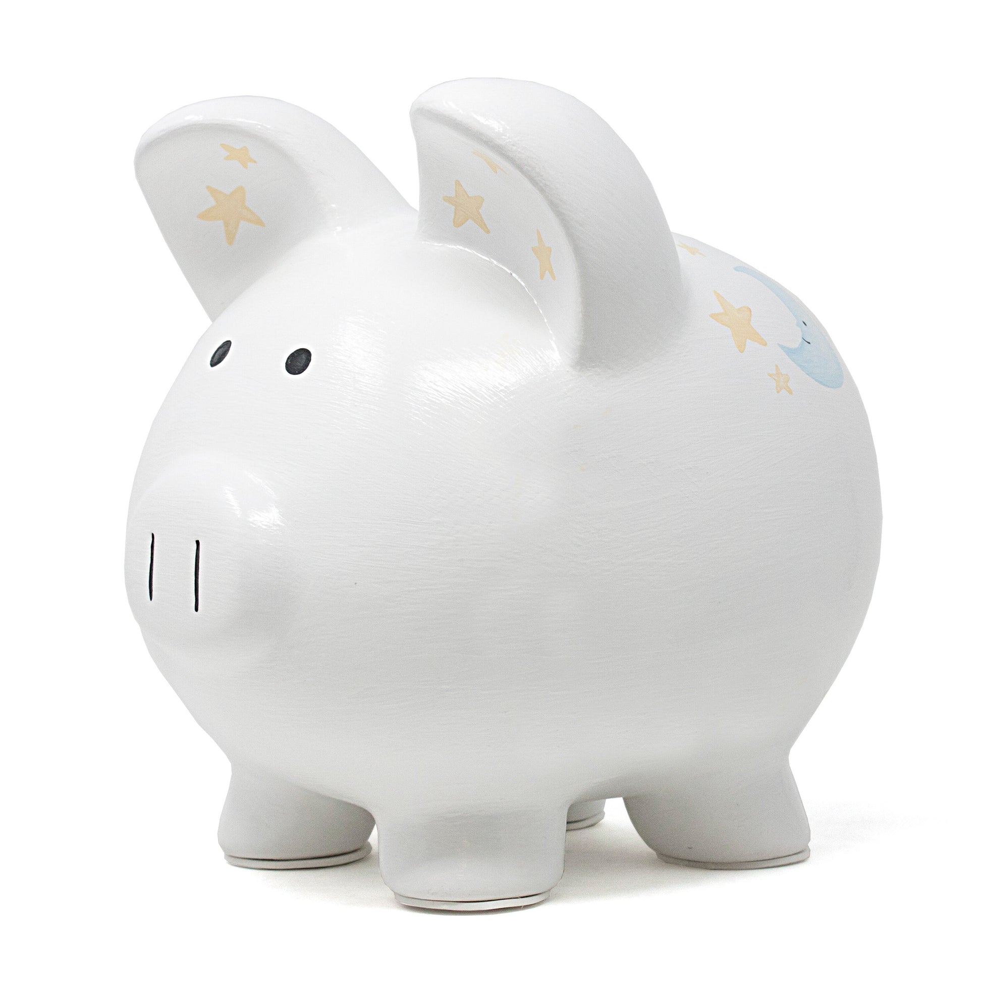 Side view of piggy bank featuring animal characters and brown woven basket of hot air balloon