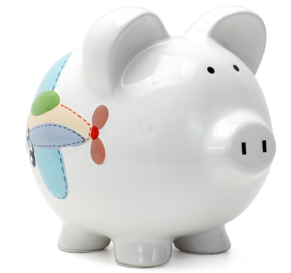 Front side view of white piggy bank with colorful airplane design