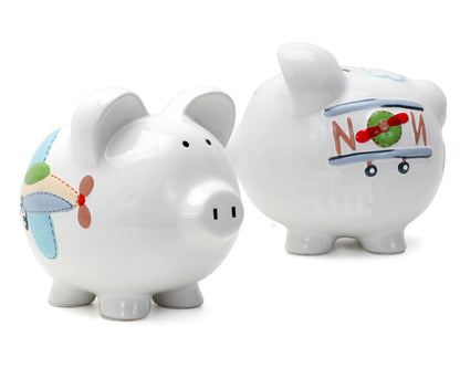 Two views of airplane-themed piggy banks side by side showcasing handpainted details