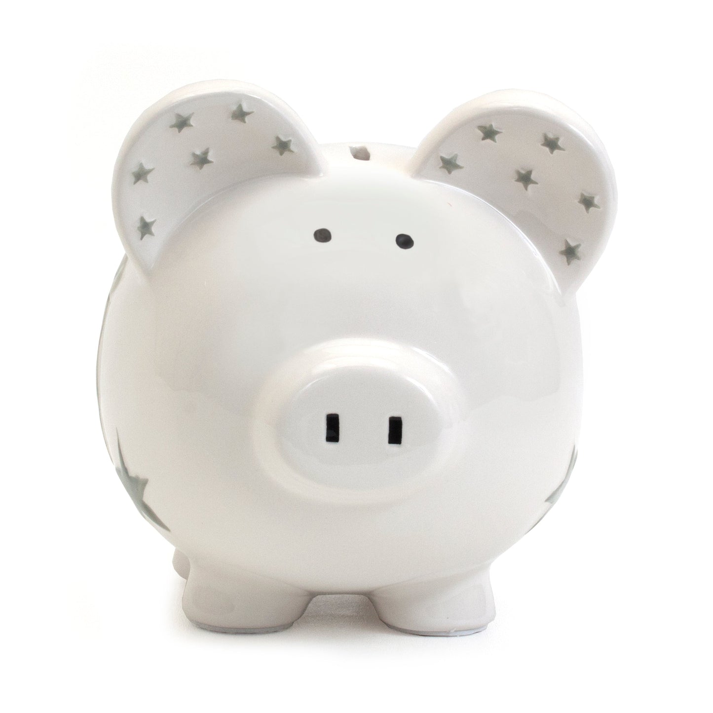 Front view of ceramic piggy bank featuring two black nostril slots and star decorations