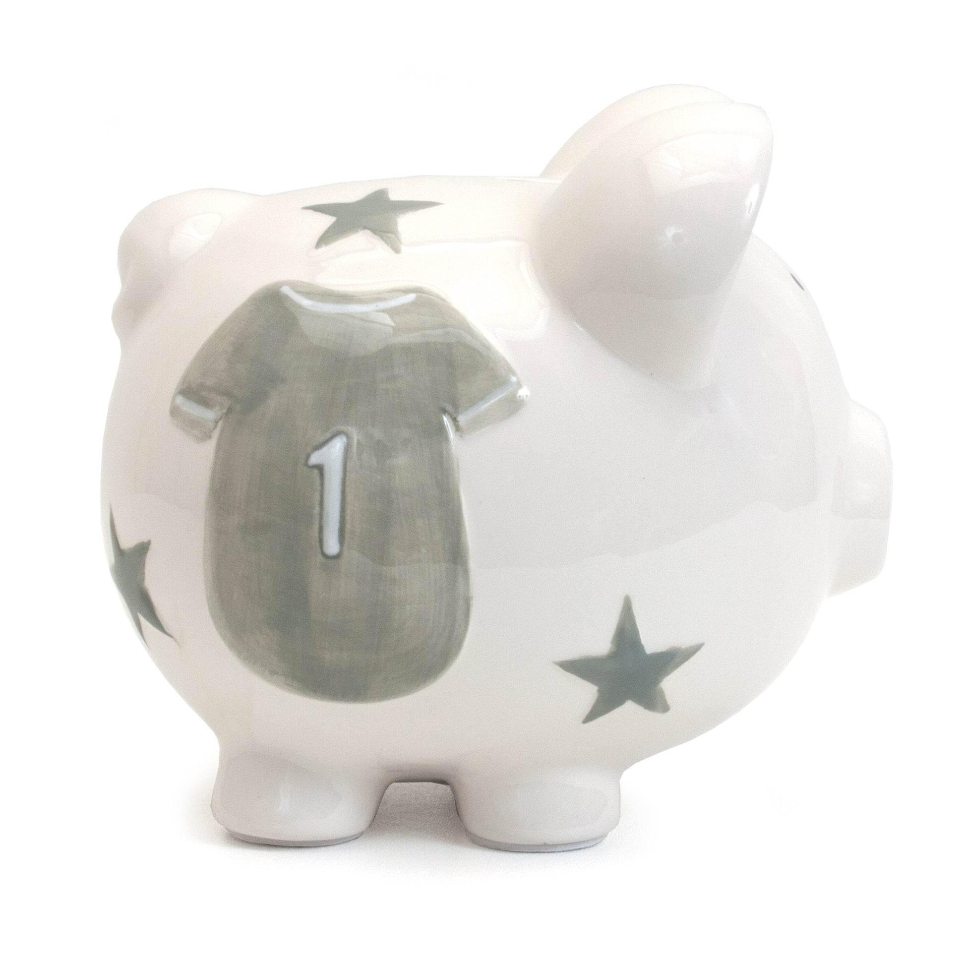 Other side view of piggy bank with gray jersey and star details