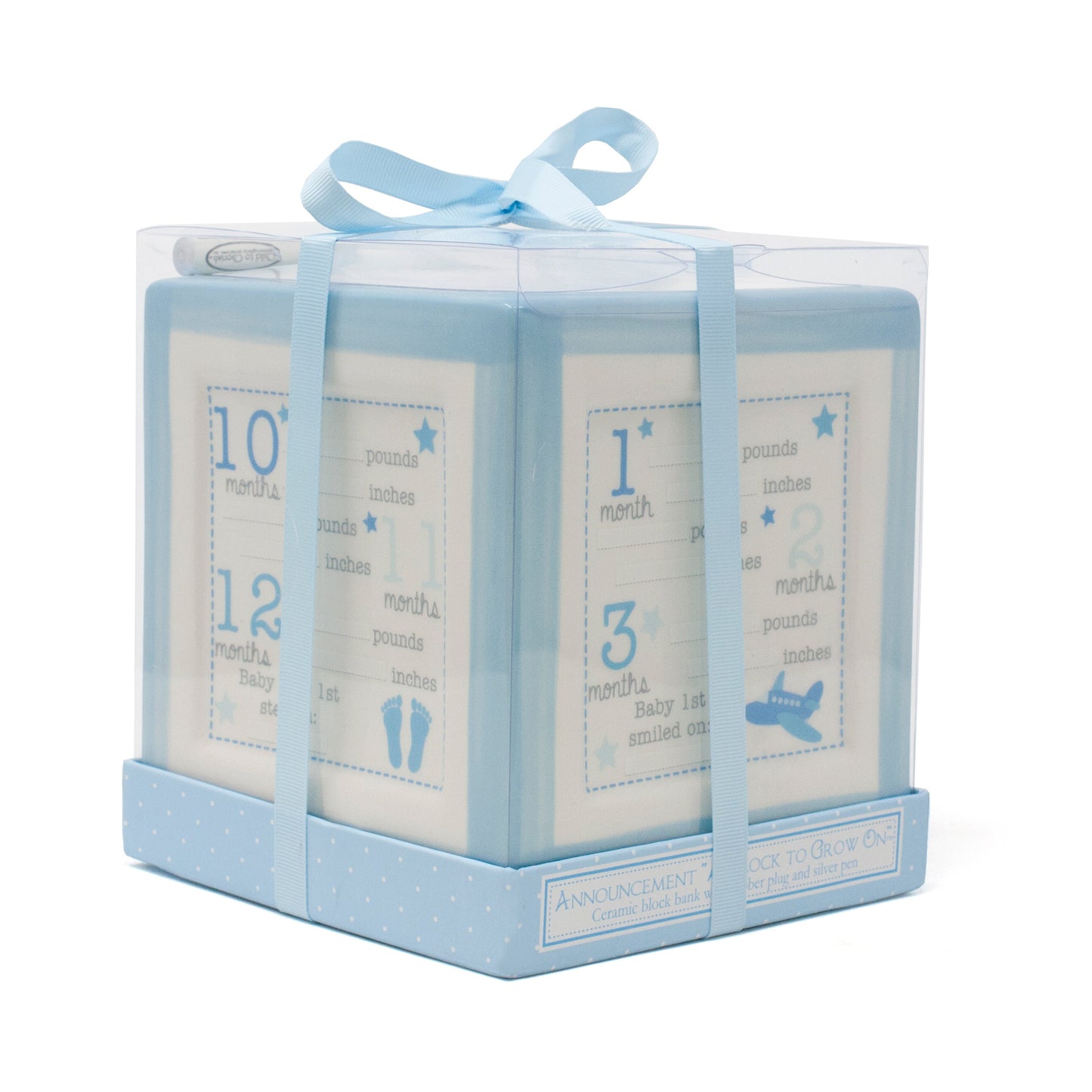 Blue ceramic Announcement Block to Grow On in gift packaging with blue ribbon