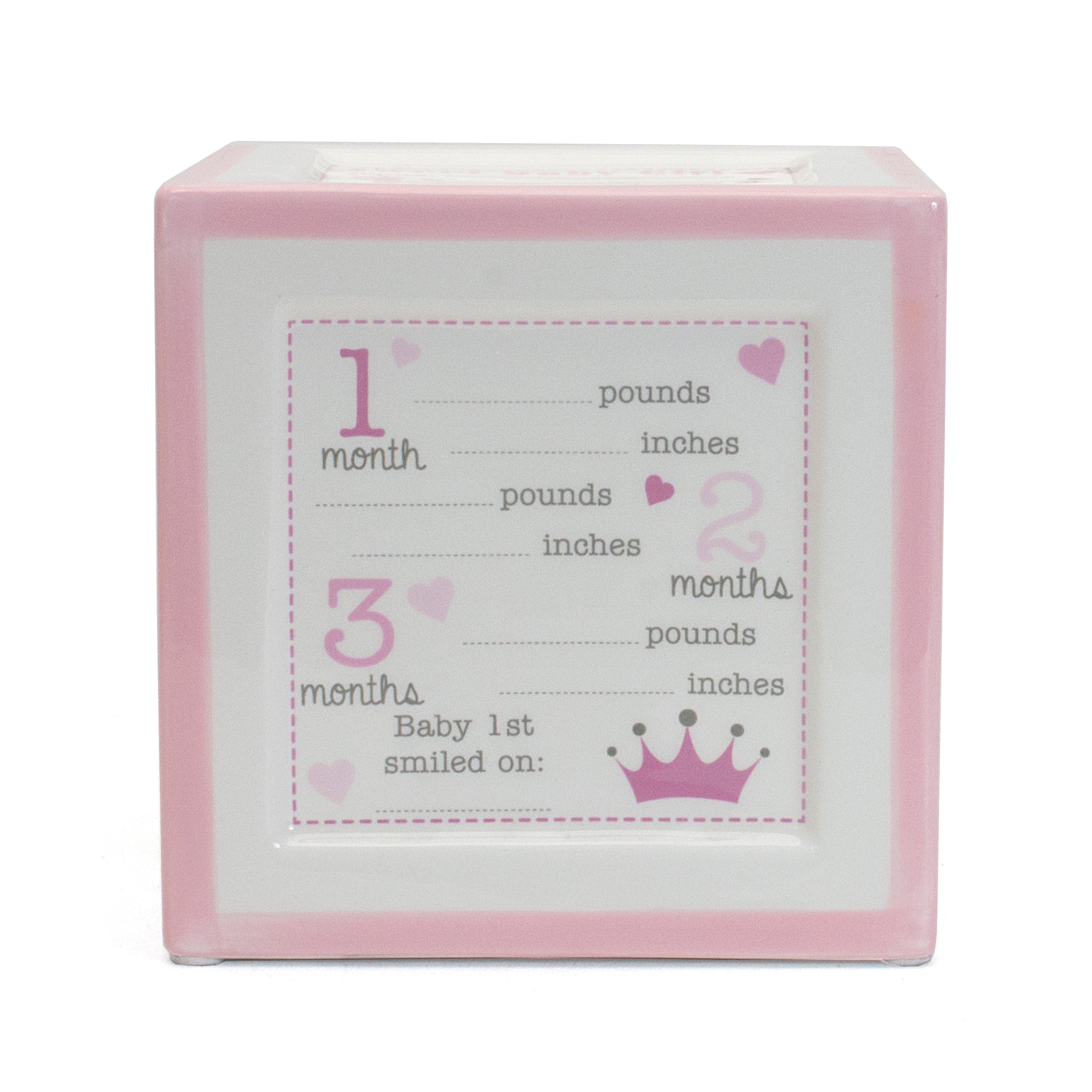 Pink ceramic milestone block with spaces to record baby's weight, height, and first smile at 1, 2, and 3 months