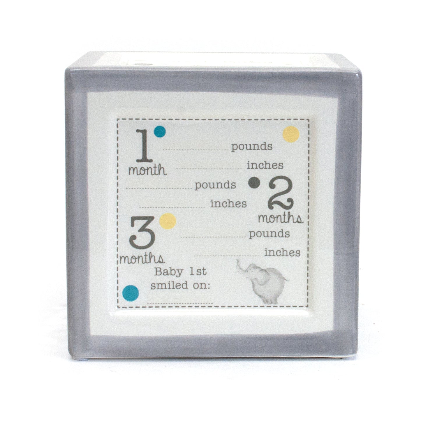 Gray Announcement Block to Grow On with baby growth milestone chart and elephant illustration