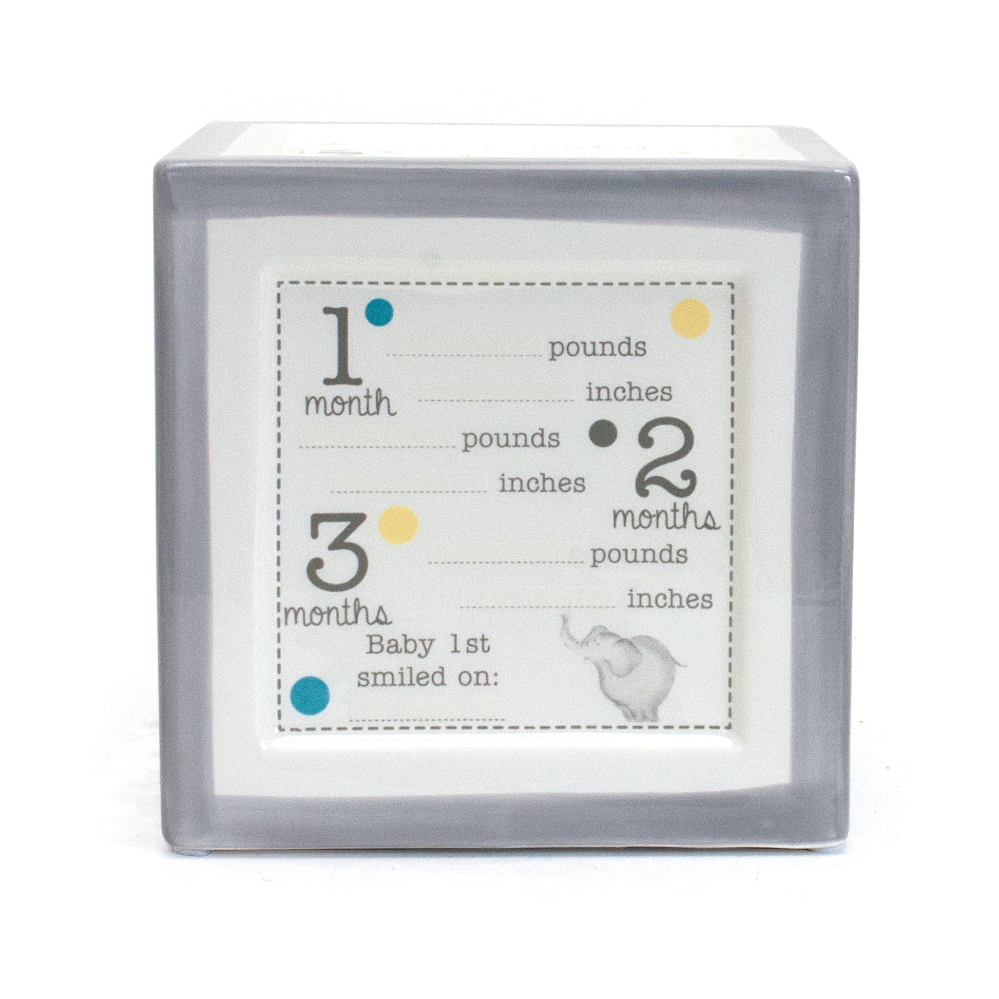 Gray Announcement Block to Grow On with baby growth milestone chart and elephant illustration