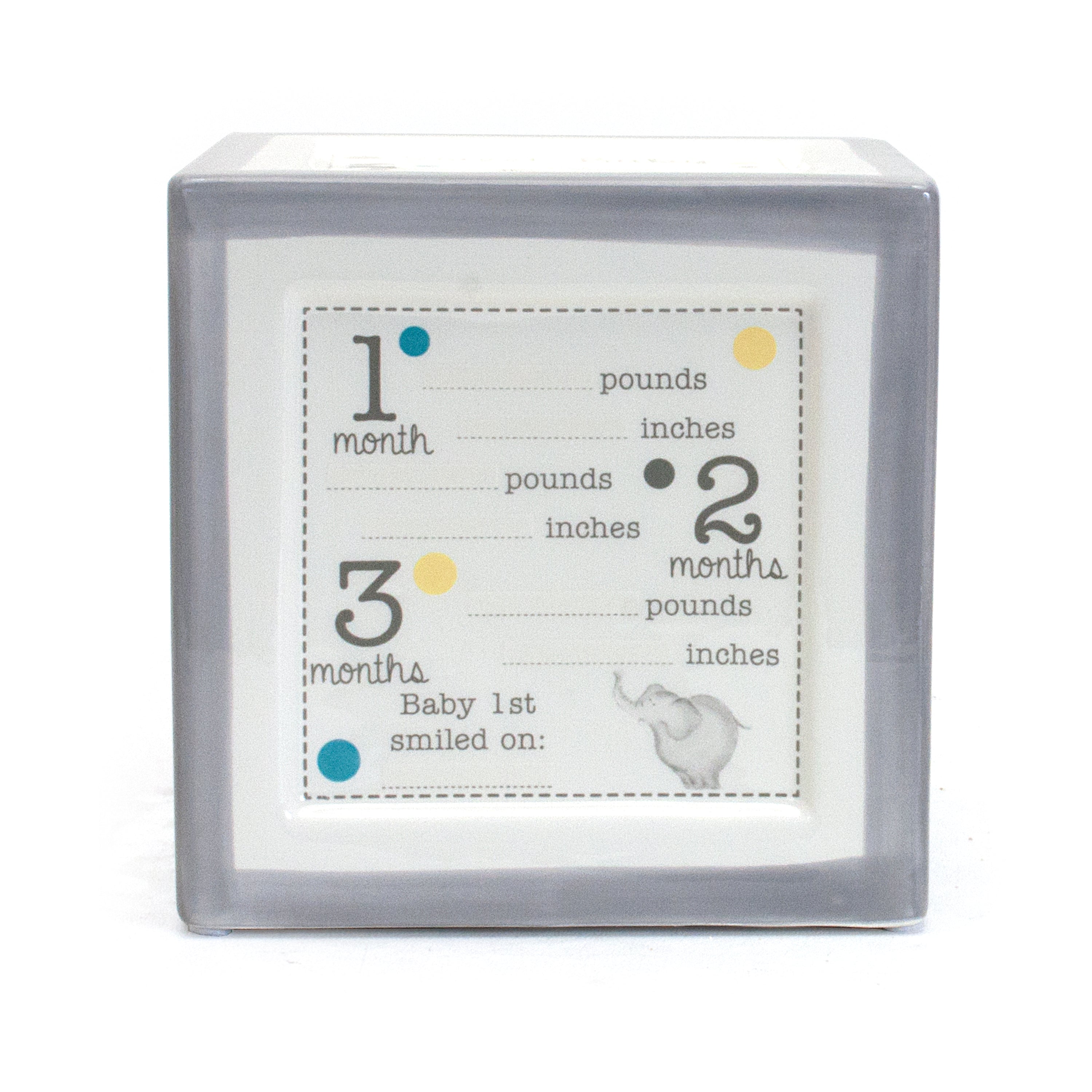 Gray Announcement Block to Grow On with baby growth milestone chart and elephant illustration