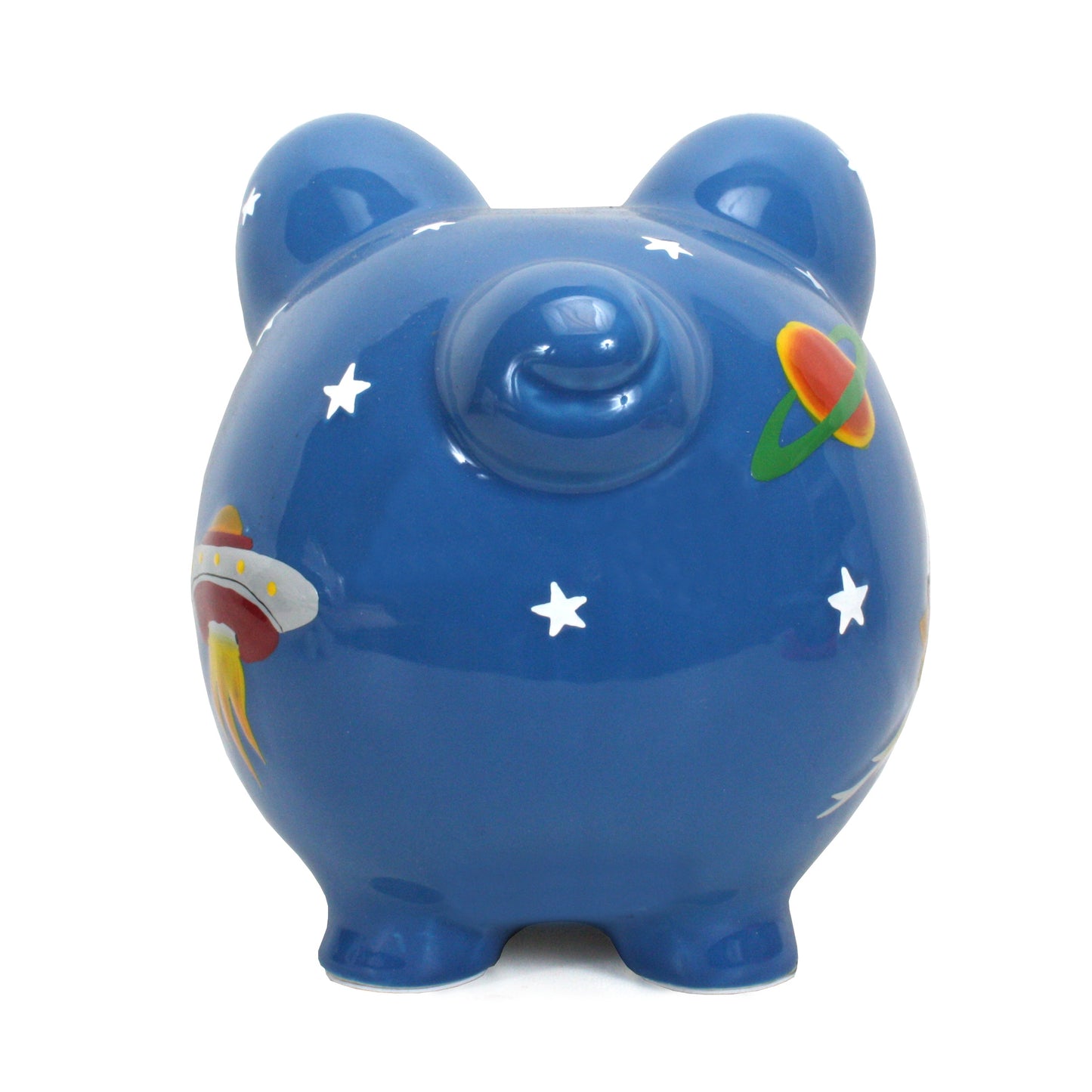 Back side view of blue piggy bank showing handpainted planet and stars