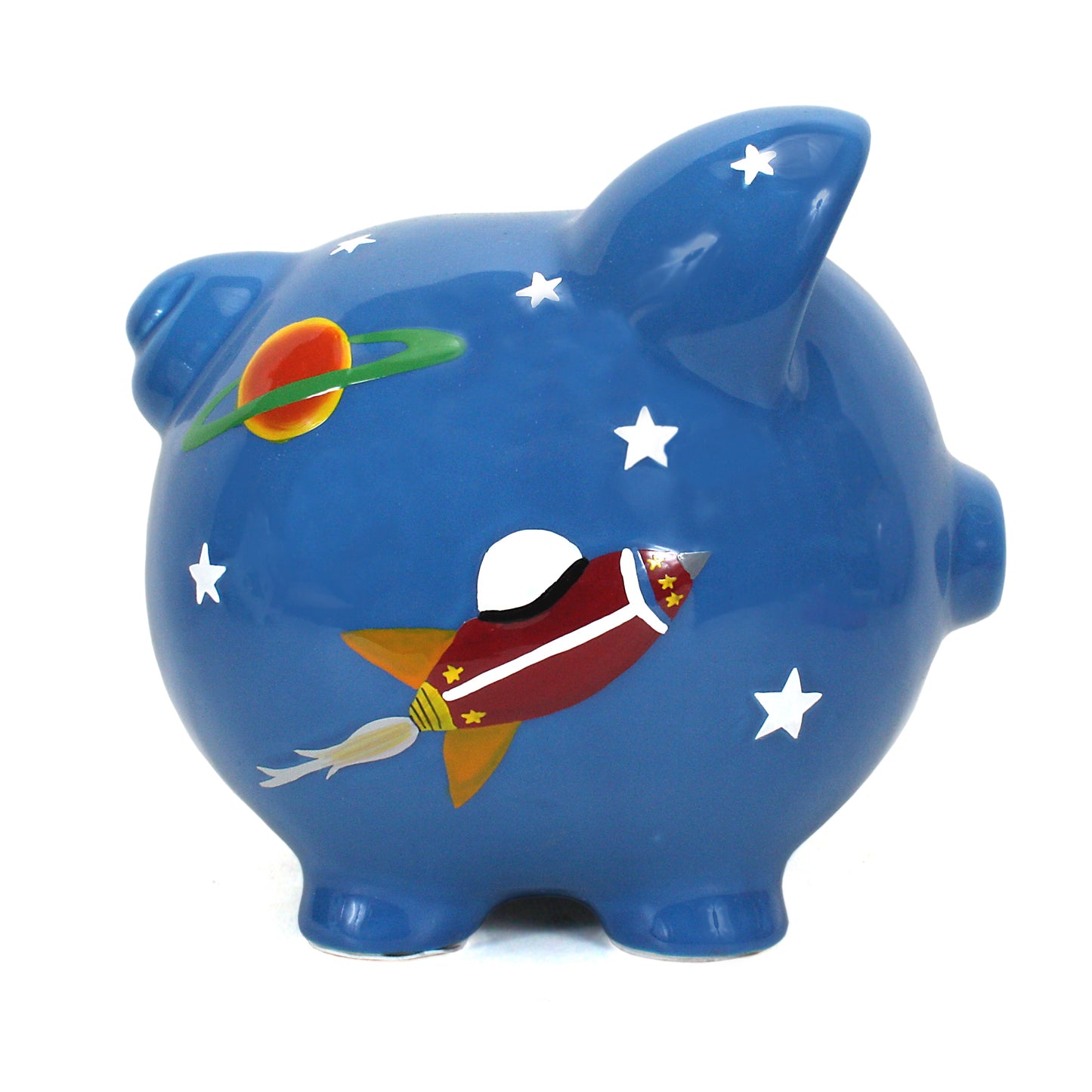 Right side view of piggy bank featuring handpainted UFO and stars