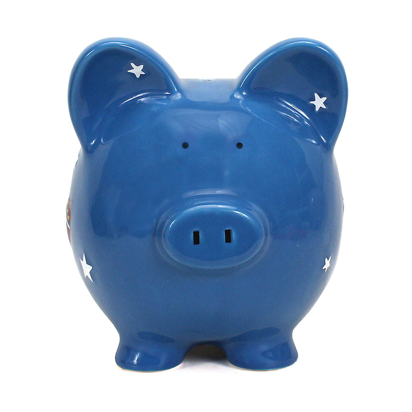 Front view of blue piggy bank with star details on ears and face