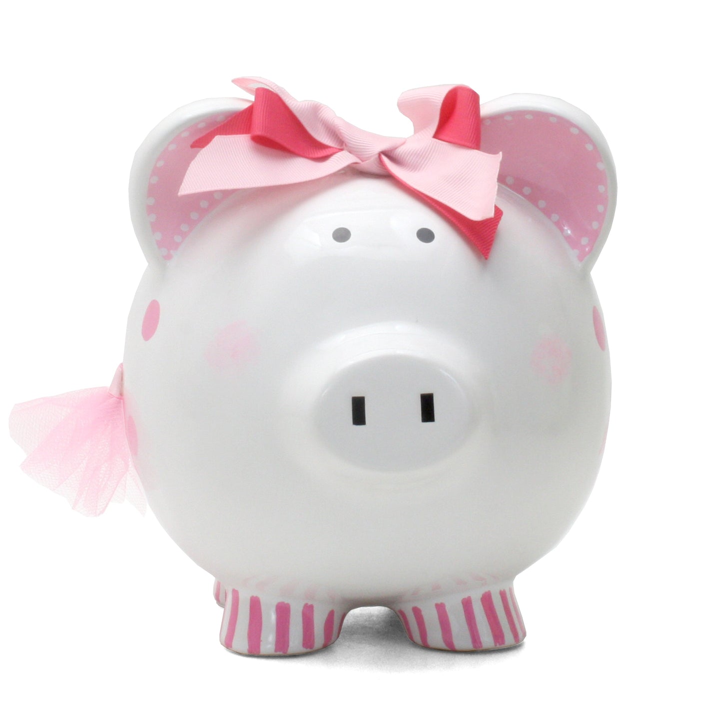 Front view of white piggy bank with pink cheeks, black eyes, double ribbon bow on ears, and coin slot on top