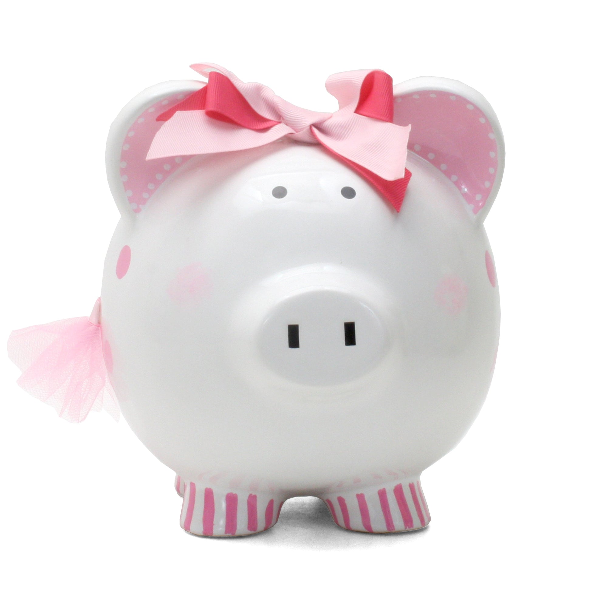 Front view of white piggy bank with pink cheeks, black eyes, double ribbon bow on ears, and coin slot on top